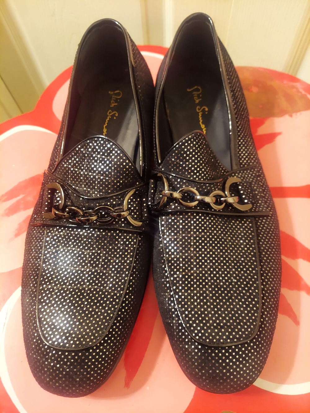 Black Stud-Embossed Slip-On Loafers with Gold Chain